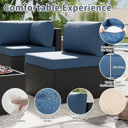 SUNLEI 5 Piece Patio Furniture Sets, Low Back All-Weather Rattan Sectional Sofa with Tea Table&Washable Couch Cushions, Patio Furniture Sets, Black Rattan (Aegean Blue)