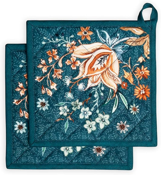 Maison d' Hermine Pot Holders Set 100% Cotton Heat Resistant Potholders 8" x 8" Hot Pads with Loop for Thanksgiving Christmas Decorations Baking Handling Hot Pans (Pack of 2, Luxury Loft - Dark Teal)