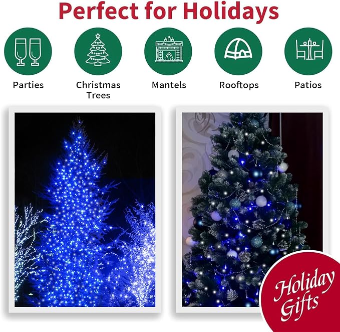 66FT 200 LED Blue White String Lights, 16 Modes Plug In Mini Fairy Lights, Waterproof Outdoor Christmas Lights for Hanukkah Xmas Tree Garland Bedroom Ocean Party July 4th Patriotic Decoration