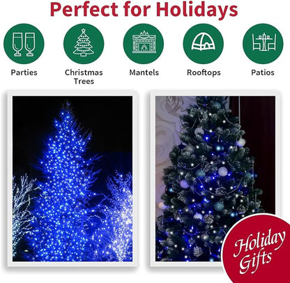 66FT 200 LED Blue White String Lights, 16 Modes Plug In Mini Fairy Lights, Waterproof Outdoor Christmas Lights for Hanukkah Xmas Tree Garland Bedroom Ocean Party July 4th Patriotic Decoration