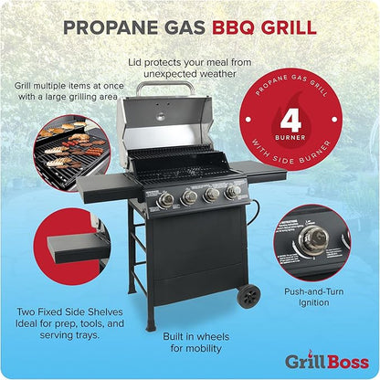 Grill Boss 4-Burner Outdoor Propane Gas Grill with Side Shelves, Stainless Steel Lid, Push Ignition, Warming Rack, Wheels, Black