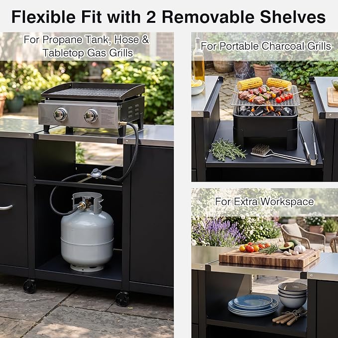 HAPPYGRILL 59” Outdoor Grill Table w/2 Removable Shelves & Storage Cabinets | Heavy-duty BBQ Prep Station w/ Stainless Steel Top, Lockable Universal Wheels, Suitable for Gas Grills & Charcoal Griddles