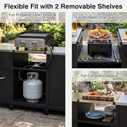 HAPPYGRILL 59” Outdoor Grill Table w/2 Removable Shelves & Storage Cabinets | Heavy-duty BBQ Prep Station w/ Stainless Steel Top, Lockable Universal Wheels, Suitable for Gas Grills & Charcoal Griddles