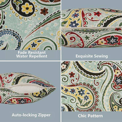 LVTXIII 2 Pack Outdoor Lumbar Pillow Covers 12x20 Inch with Piping, Water-Repellent Back Cushion Covers ONLY for Patio Furniture, Sofa, Garden Bench, Paisley Light Cyan