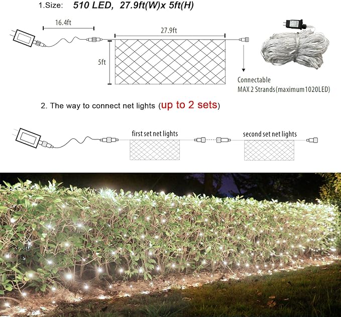 Lovelite 510 LED Christmas Net Lights, 28ft x 5ft Mesh Lights Outdoor Clear Wire 8 Modes, Waterproof Connectable String Lights Plug in for Xmas Tree Bushes Garden Holiday Party Decorations - White