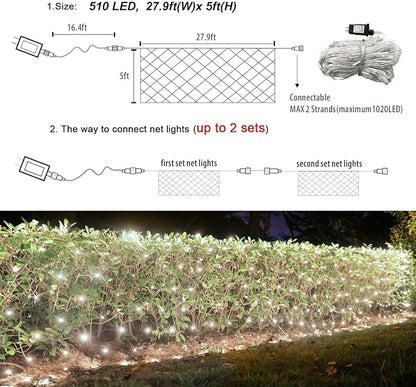 Lovelite 510 LED Christmas Net Lights, 28ft x 5ft Mesh Lights Outdoor Clear Wire 8 Modes, Waterproof Connectable String Lights Plug in for Xmas Tree Bushes Garden Holiday Party Decorations - White