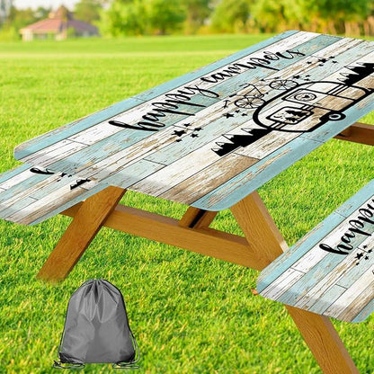 JAWO Picnic Table and Bench Cover Set, Happy Campers Vintage Rustic Wood Plank Camper Trailer Outdoor Foldable Picnic Table Cloth Protector with Drawstring Storage Bag 30X72inch