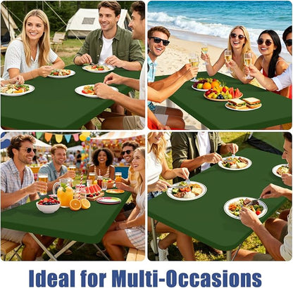 Moosfor 2 Pack Rectangle Spandex Fitted Table Cloth, 8FT Elastic Tablecloth | Washable Picnic Table Cover, Stretch Waterproof Table cloths for Party, Patio, Dining, Kitchen, 30" x 96", Olive Green