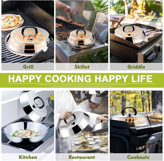 HaSteeL 12Inch Melting Dome for Griddle, Stainless Steel Basting Cover with Thermometer, Large Round Steaming Cover Lid for Flat Top Teppanyaki BBQ Camping Cooking Grilling, Indoor & Outdoor (2 Piece)