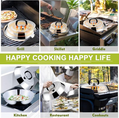 HaSteeL 12Inch Melting Dome for Griddle, Stainless Steel Basting Cover with Thermometer, Large Round Steaming Cover Lid for Flat Top Teppanyaki BBQ Camping Cooking Grilling, Indoor & Outdoor (2 Piece)