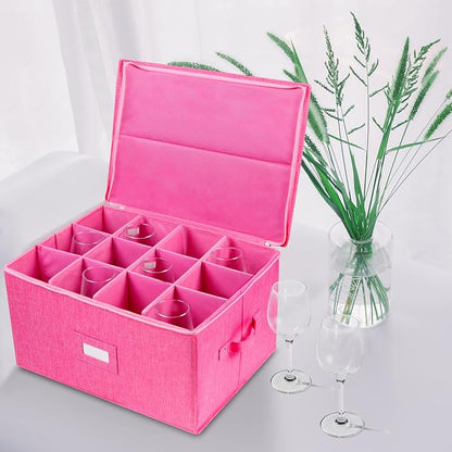 Wine Glass Storage Box, Stemware Storage Containers Cases with Dividers | Stackable Moving Supplies for 12 Wine Glasses, Drinkware , Glassware or Crystal, Hard Top and Stackable (Pink)