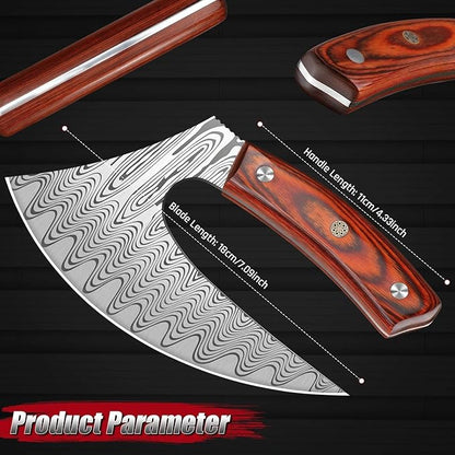 ROCOCO Pizza Cutter Ulu Knife – Full Tang Mezzaluna Rocker Chopper with Sheath for Kitchen, Camping, BBQ, Gifts Men Women