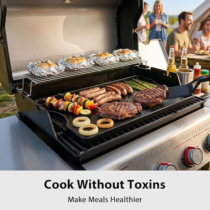 Utheer Griddle Kit, 19.5" x 10.5" Reversible Cast Iron Flat Top Griddle with 5-Piece Scratch-Free Nonstick Safe Nylon Tools, Ceramic Nonstick Grill Griddle for Stove Top, Gas Grill, BBQ and Camping