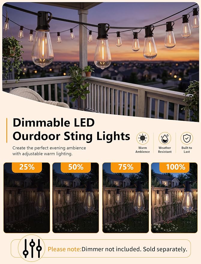 100FT Outdoor String Lights, 50 ST40 Edison LED Patio Lights | Shatterproof Bulbs, IP65 Waterproof, Dimmable 2700K Warm White, UL Listed Plug-In Black Wire for Large Backyard Pergola