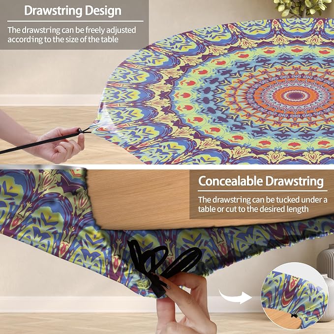 opstellen Fitted Mandala Round Tablecloth Waterproof Patio Table Cloths for 45-54" Tables Travel Vacation Camper Accessories Outdoor Road Trip Must Haves New Home Living Room House Decorations