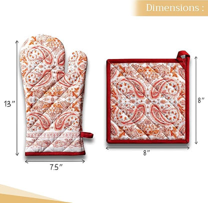 Maison d' Hermine 100% Cotton Oven Mitt & Pot Holder Set (7.5"x13" & 8"x8") Heat Resistant BBQ Cooking Gloves with Loop for Thanksgiving Christmas Decorations Handling Hot Pans (Orient)