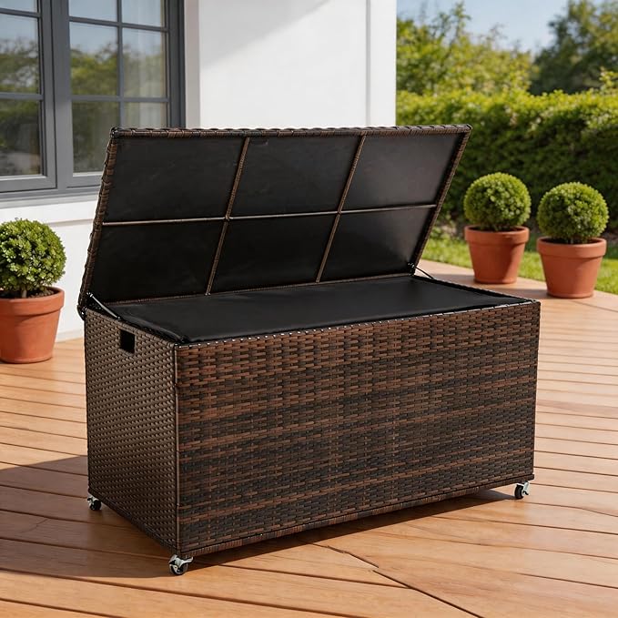 Outdoor 170 Gallon Water-Resistant Wicker Storage Box with Wheels, PE Rattan Deck Box with Waterproof Liner for Outside, Patio Storage Container with Hinged Lid, Horizontal Bin, Brown