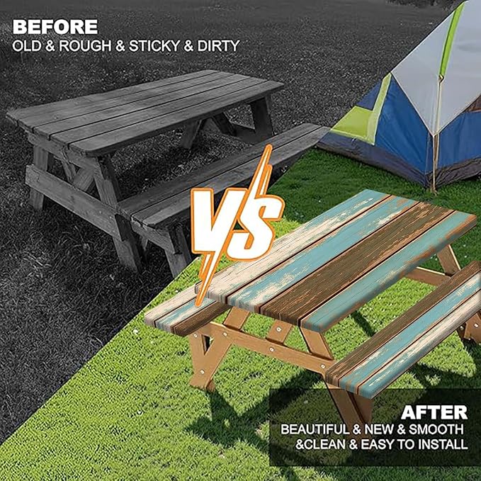 Picnic Table Cover with Bench Covers, Camping Essentials, Farmhouse Wood Green Waterproof Windproof Table Cover, Fitted Tablecloth Cover with Elastic Edge, for Indoor & Outdoor, 3 PCS, 30x72 Inch