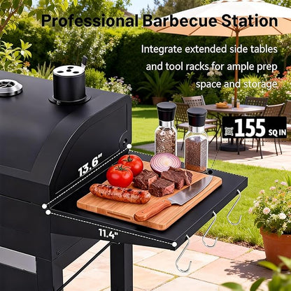 Charcoal Grills with Two Side Tables, 20-In Outdoor Smoker Barbecue Bbq Grill with 334 Sq. In Cooking Area for Camping, Patio,Backyard Party, Picnic, Black