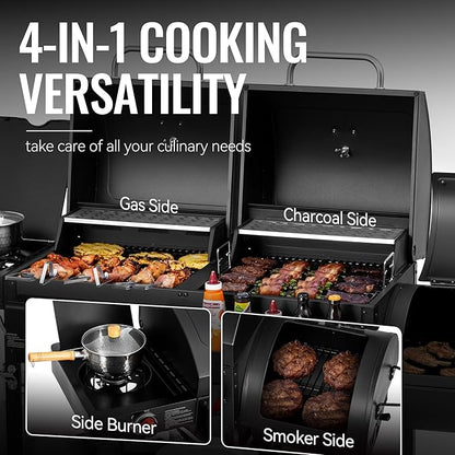2-Burner Gas and Charcoal Grill Combo with Offset Smoker & Side Burner, 34,000 BTU Dual Fuel Grill, 1020 Sq. In. Cooking Area, Ideal for Outdoor Cooking, Black, ZH3005Y-SC
