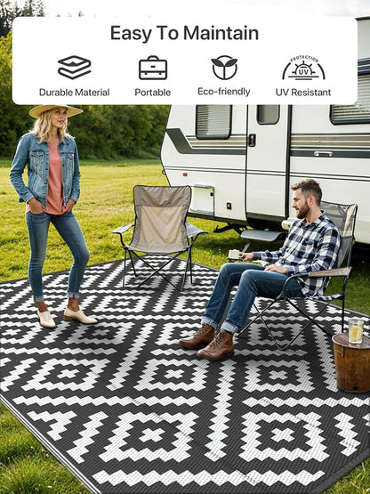 GENIMO Outdoor Rugs 8x10 Waterproof, Reversible Mats, Area Plastic Straw Rug, Outside Carpet, Geometric Rv Mat for Patio Camping Picnic Backyard Deck Balcony Porch Beach Trailer (Black & White) | Outside Larger Modern Carpet Mat for Porch Decor, Deck, ...