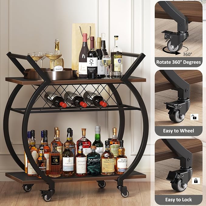 LVB Modern Bar Cart, Industrial Rolling Wine Cart with Wine Rack, Walnut | Coffee Liquor Drink Cart with Storage and Wheels, Wood and Metal Kitchen Microwave Beverage Cart for Home