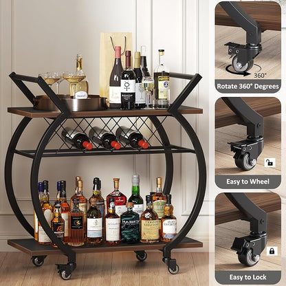 LVB Modern Bar Cart, Industrial Rolling Wine Cart with Wine Rack, Walnut | Coffee Liquor Drink Cart with Storage and Wheels, Wood and Metal Kitchen Microwave Beverage Cart for Home