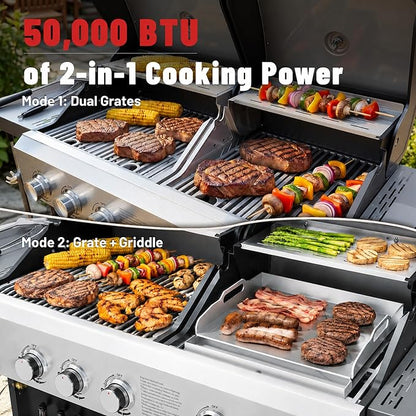 Propane Gas Grill and Griddle Combo for Outdoor Cooking, 5 Burners, Porcelain-Enameled Cast Iron Grate & Cast Iron Fry Pan, Foldable Side Shelves, Dual BBQ Grill for Patio, Backyard, Camping