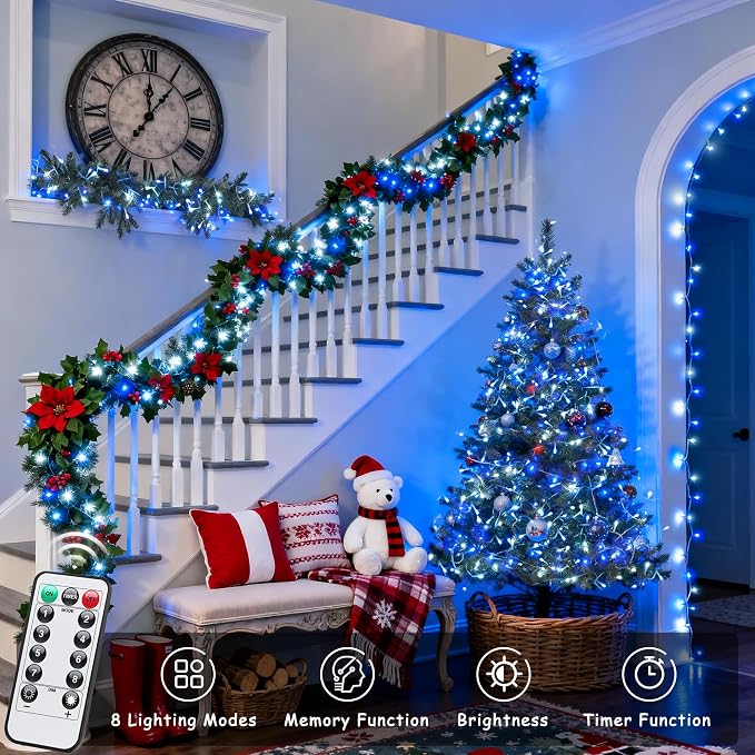 JMEXSUSS 2 Pack Blue and White Battery String Lights, Each 33ft 100 LED | Battery Powered Christmas Lights with Remote for Outside Party Birthday