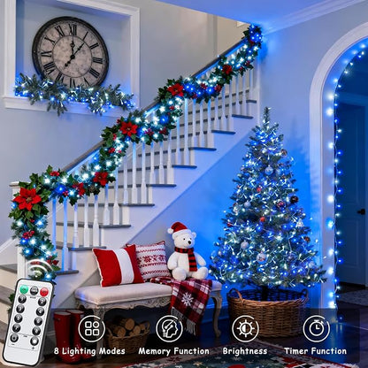 JMEXSUSS 2 Pack Blue and White Battery String Lights, Each 33ft 100 LED | Battery Powered Christmas Lights with Remote for Outside Party Birthday