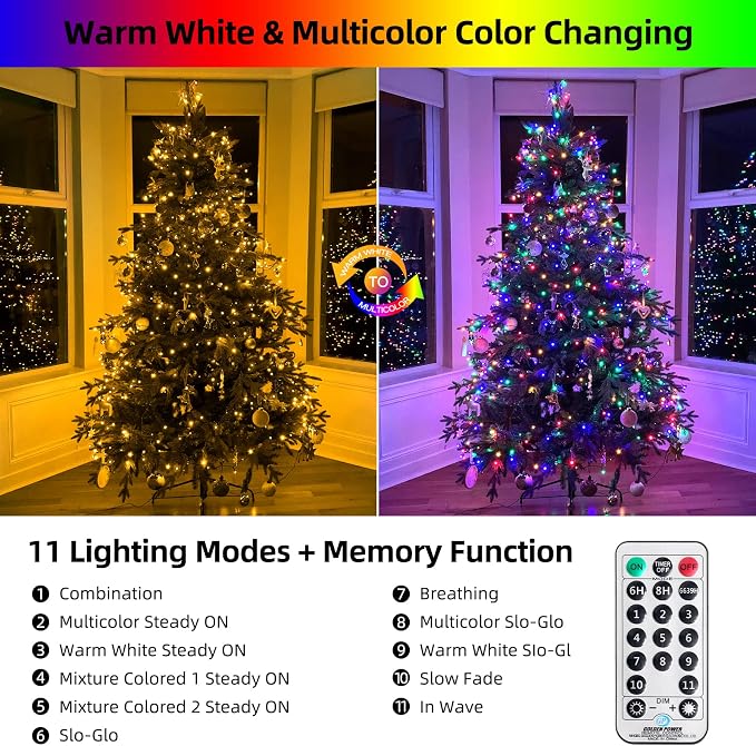 MZD8391 170FT 500LED Color Changing Christmas Light,Christmas Tree Light | Warm White & Multicolor, Waterproof, UL listed, 11 Light Mode, Remote & Timer, Memory, End To End Connect