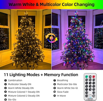 MZD8391 170FT 500LED Color Changing Christmas Light,Christmas Tree Light | Warm White & Multicolor, Waterproof, UL listed, 11 Light Mode, Remote & Timer, Memory, End To End Connect
