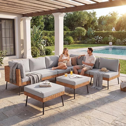 Aoxun 8-Piece Patio Furniture Set, Wicker Outdoor Furniture with Water Resistant Thick Cushions, Patio Conversation Set Outdoor Sectional Sofa with Coffee Table for Backyard Poolside, Light Grey