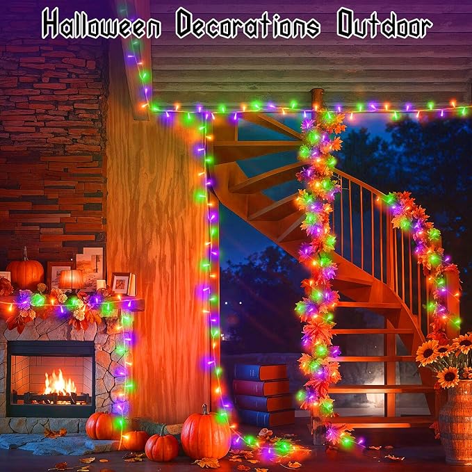 Halloween Lights Battery Operated Indoor Outdoor with Timer Waterproof Total 100LED 33ft for Halloween Decorations 16.4Ft*2, 50LED*2 for Halloween Decor, Orange&Purple&Green