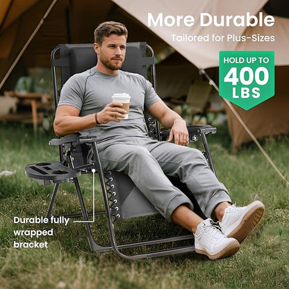 Zero Gravity Chair Oversized Padded Recliner with Adjustable Headrest & Cup Holder - XL 600D Oxford Folding Lounge Chair for Outdoor Camping, Patio, Poolside (Upgraded Black & Gray)