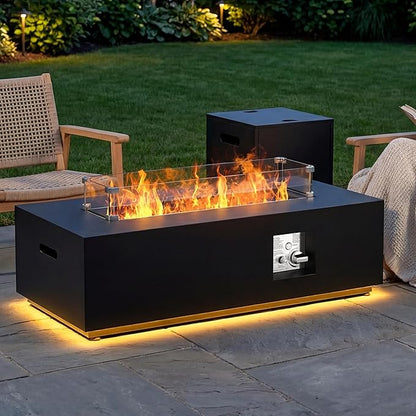 SUNPEAK 42" Propane Fire Pit Table with LED Light - 50,000 BTU with Wind Guard, Lid, Rocks and Cover - Propane Fireplace Table - Gas Fire Pits for Patio and Deck (Black/Golden Light, 42" LED)