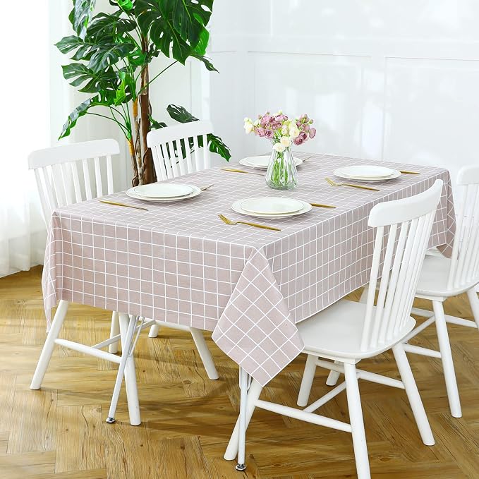 Romanstile Rectangle Vinyl Tablecloth, 100% Waterproof Oil-Proof Checkered Plastic Table Cloth, Heavy Duty Wipeable Table Covers for Dining, Camping, Picnic, Outdoor - 54 x 120 Inch, Sand