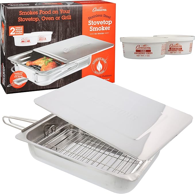 Camerons Large Stovetop Smoker - Stainless Steel BBQ Smoker Box w/Hickory & Oak Wood Chips & Recipe Guide - Indoor Outdoor Use on Any Heat for Smoking Meats, Veggies & Seafood - Grilling Gift for Men