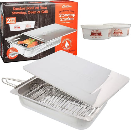 Camerons Large Stovetop Smoker - Stainless Steel BBQ Smoker Box w/Hickory & Oak Wood Chips & Recipe Guide - Indoor Outdoor Use on Any Heat for Smoking Meats, Veggies & Seafood - Grilling Gift for Men