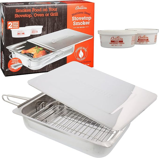 Camerons Large Stovetop Smoker - Stainless Steel BBQ Smoker Box w/Hickory & Oak Wood Chips & Recipe Guide - Indoor Outdoor Use on Any Heat for Smoking Meats, Veggies & Seafood - Grilling Gift for Men