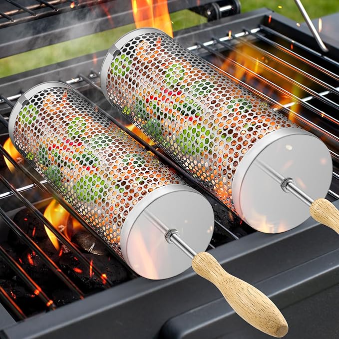 Rolling Grill Baskets,【2025Upgraded】 2Pcs Nesting Grilling Net with Removable Wooden Handle,BBQ Accessories Tools for Vegetables Shrimp,Outdoor Camping Barbecue Rack,Gifts for Men Dad (Stainless Steel,Round)