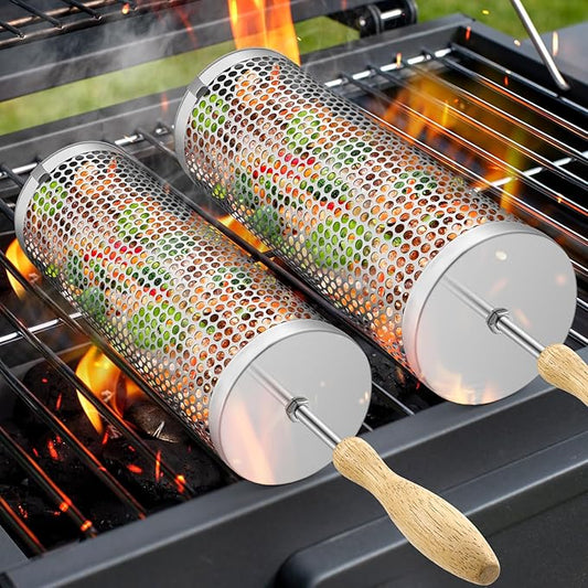 Rolling Grill Baskets,【2025Upgraded】 2Pcs Nesting Grilling Net with Removable Wooden Handle,BBQ Accessories Tools for Vegetables Shrimp,Outdoor Camping Barbecue Rack,Gifts for Men Dad (Stainless Steel,Round)