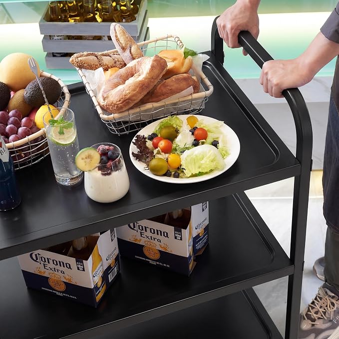 Black Stainless Steel Serving Cart, 3-Tier Rolling Utility Trolley (38"x20"x37"), Heavy Duty Painted Kitchen Cart on Wheels with Brakes, Commercial Grade for Restaurant, Hotel, Salon & Lab