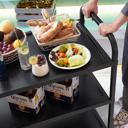 Black Stainless Steel Serving Cart, 3-Tier Rolling Utility Trolley (38"x20"x37"), Heavy Duty Painted Kitchen Cart on Wheels with Brakes, Commercial Grade for Restaurant, Hotel, Salon & Lab