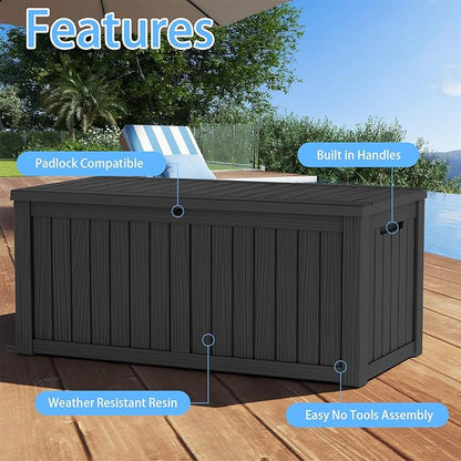 Pepe Tee Waterproof Resin Deck Box, Outdoor Storage Bin for Patio Furniture Cushions, All-Weather Garden Organizer & Seating Bench, Black