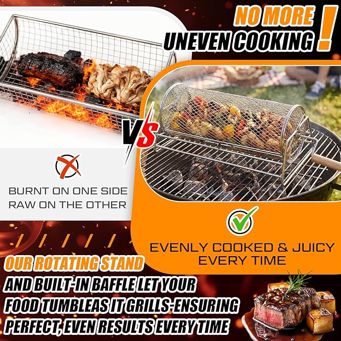 Gisafai Gifts for Dad Husband 2 Set Rolling Grill Baskets, 304 Stainless Steel, Removable Wooden Handle, Nesting Grilling Net BBQ Accessories Tools for Outdoor Camping Gifts