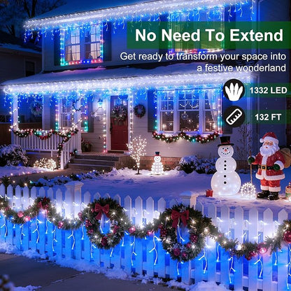 1332 LED 132FT Christmas Lights,296 Drops Icicle Lights with 12 Modes | Blue and Cool White Icicle String Lights with Timer and Dimming for Rooflines, Wide Eaves, Storefronts and Events.