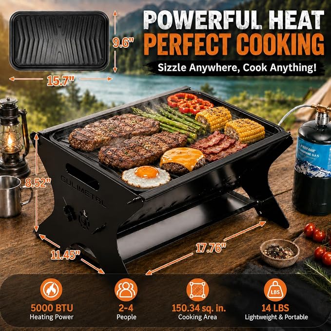 3-in-1 Portable Camping Grill, Foldable Charcoal Wood Gas BBQ & Fire Pit with Pull-Out Removable Griddle Plate & Carry Bag, for Backpacking Tailgating Patio Outdoor Cooking