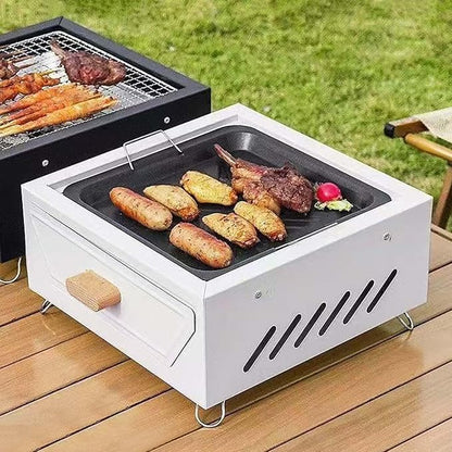 Desktop Charcoal Grill for Picnic, Portable Charcoal BBQ Grill Stove – Iron Hibachi Barbecue Grills, Tea Making Stove Set Tabletop Small Barbecue Grill for Outdoor (White)
