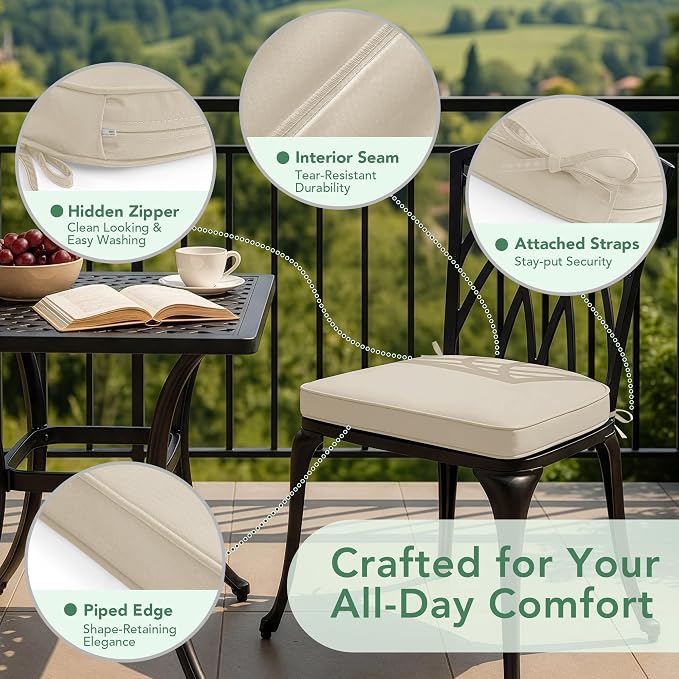 Outdoor Chair Cushions Set of 2: Waterproof & Fade Resistant Patio Furniture Cushions - 18.5 x 16 x 2 Inch Non Slip Round Corner Seat Cushion Pads with Removable Cover for Garden Yard Lawn, Cream